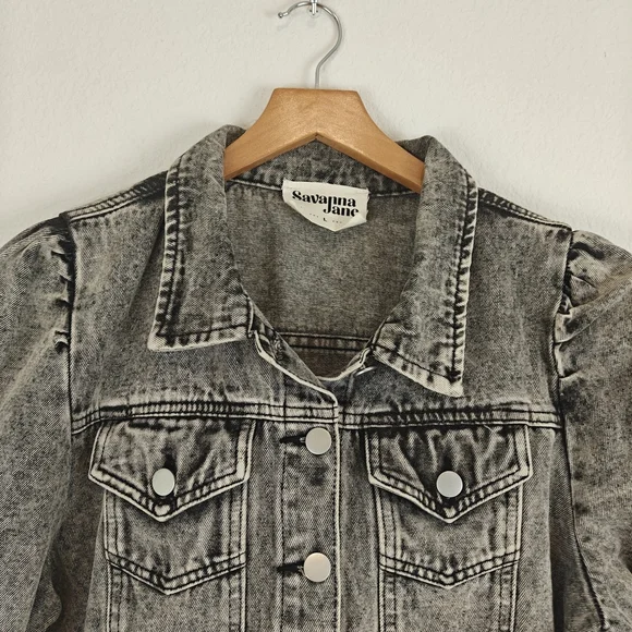 Savanna Jane Nwot Puff Sleeve Denim Cropped Jacket In Black Acid Wash Size LG - Picture 6 of 12